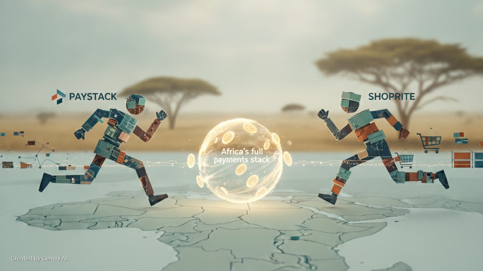 Two stylized figures, one built from circuit boards and labeled 'PAYSTACK', the other from shipping containers and labeled 'SHOPRITE', run across a glowing 3D map of Africa connected by network lines, towards a central illuminated sphere co