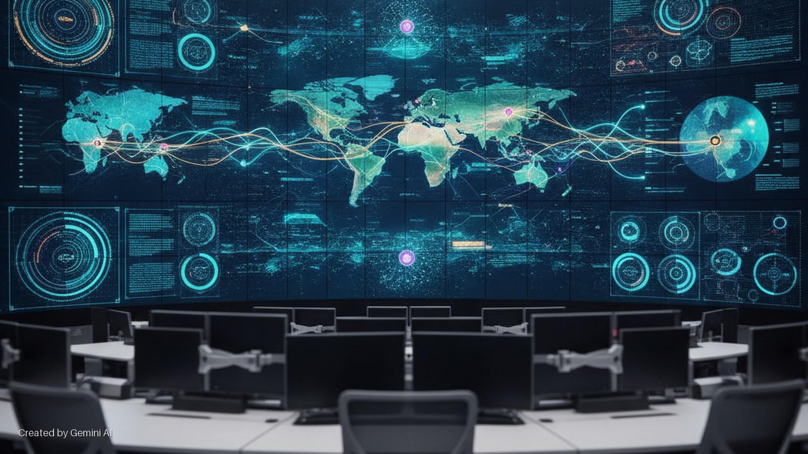 A dark control room features a large, glowing blue and green multi-screen display wall showing a world map with data flows and complex visualizations, overlooking rows of computer monitors and office chairs.