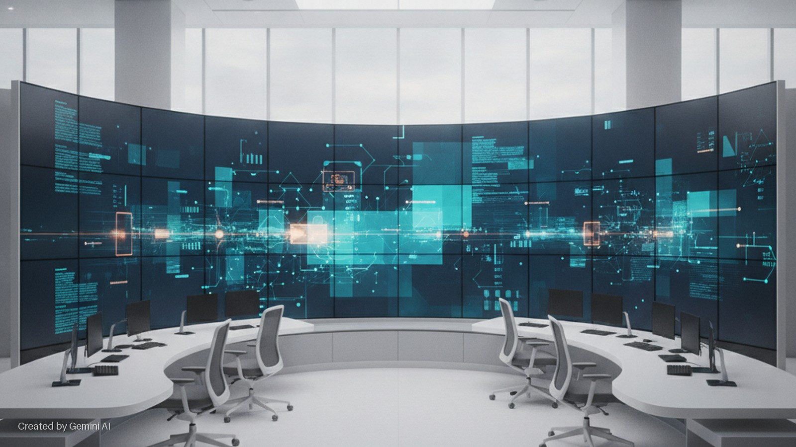A modern control room features a large, curved video wall displaying abstract digital data graphics, with two crescent-shaped white desks, multiple computer monitors, and office chairs arranged in front, under bright ambient lighting.