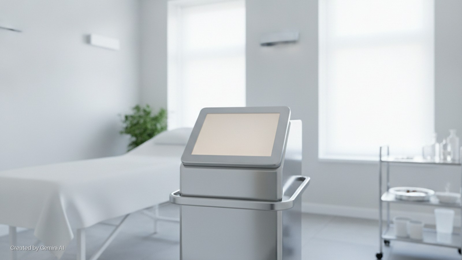 A bright medical treatment room features an examination table, a mobile medical device with a screen, a rolling cart with supplies, and a plant next to large windows.