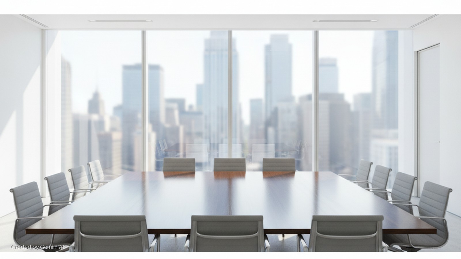 A bright, modern conference room features a long wooden table surrounded by grey office chairs, with a blurred city skyline visible through a large window.