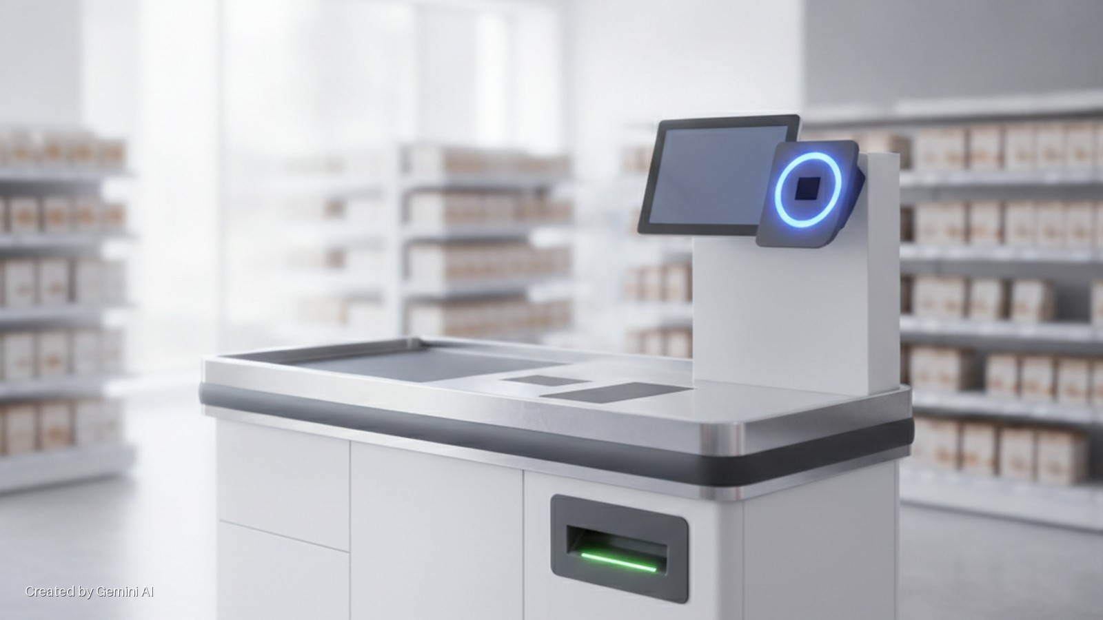A brightly lit retail store features a modern self-checkout machine with a display screen, a glowing blue scanner, and a green-lit receipt slot, set against a blurred background of product-filled shelves.
