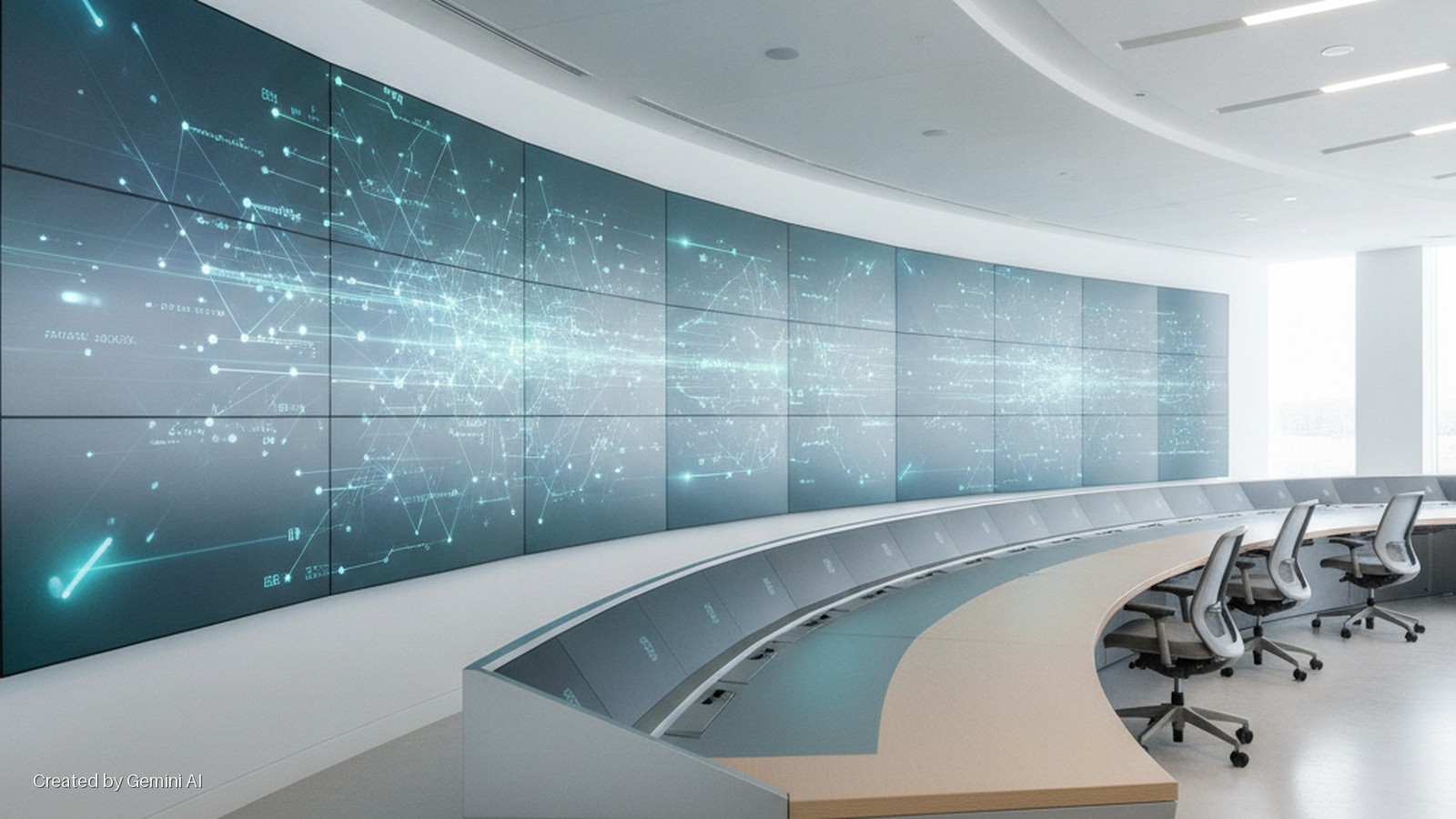 A modern, brightly lit control room features a large, curved video wall displaying abstract network graphics, a curved multi-station control desk, and several ergonomic office chairs.