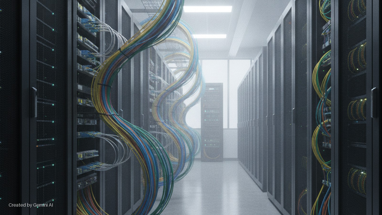 Rows of black server racks with glowing green lights line a data center aisle, featuring prominent spiraling bundles of yellow, blue, green, and red cables under bright ceiling lights.