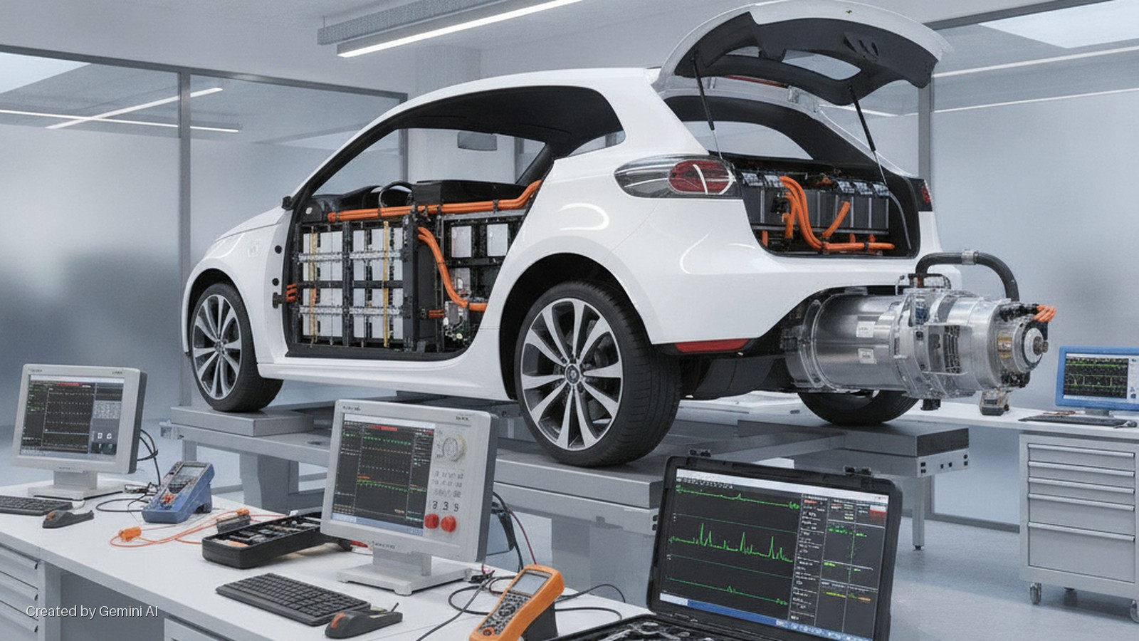 A white electric car, cut open to display its internal battery packs and rear motor assembly, sits on an elevated stand in a brightly lit laboratory surrounded by diagnostic computers and electronic testing equipment.