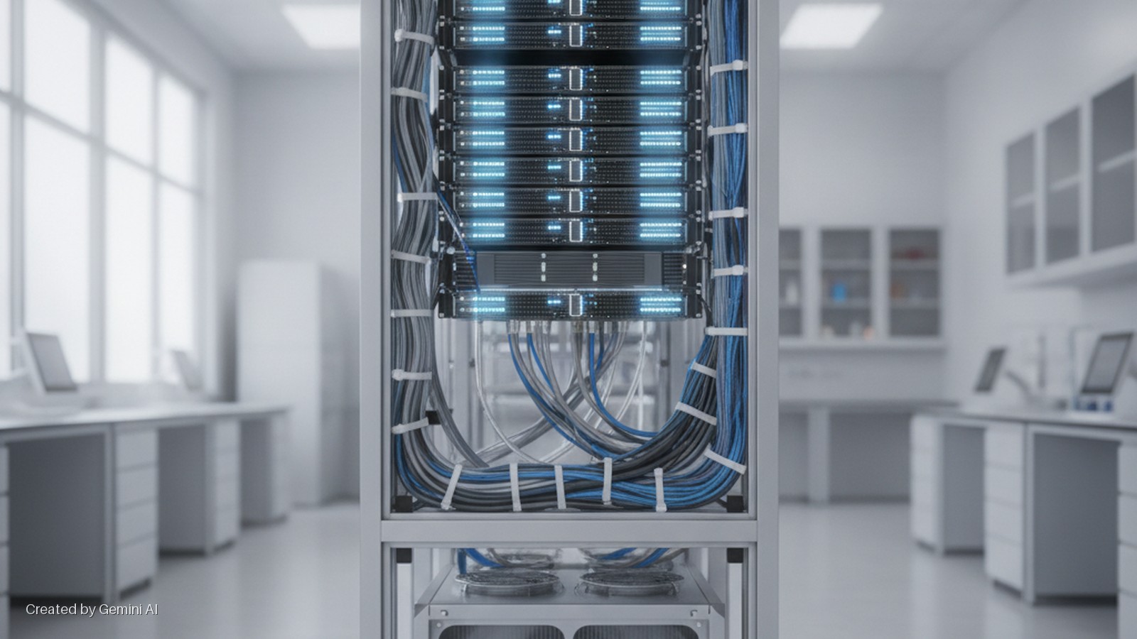 A server rack with multiple units displaying blue glowing lights and neatly tied cables stands in a brightly lit, modern laboratory furnished with desks, monitors, windows, and wall cabinets.