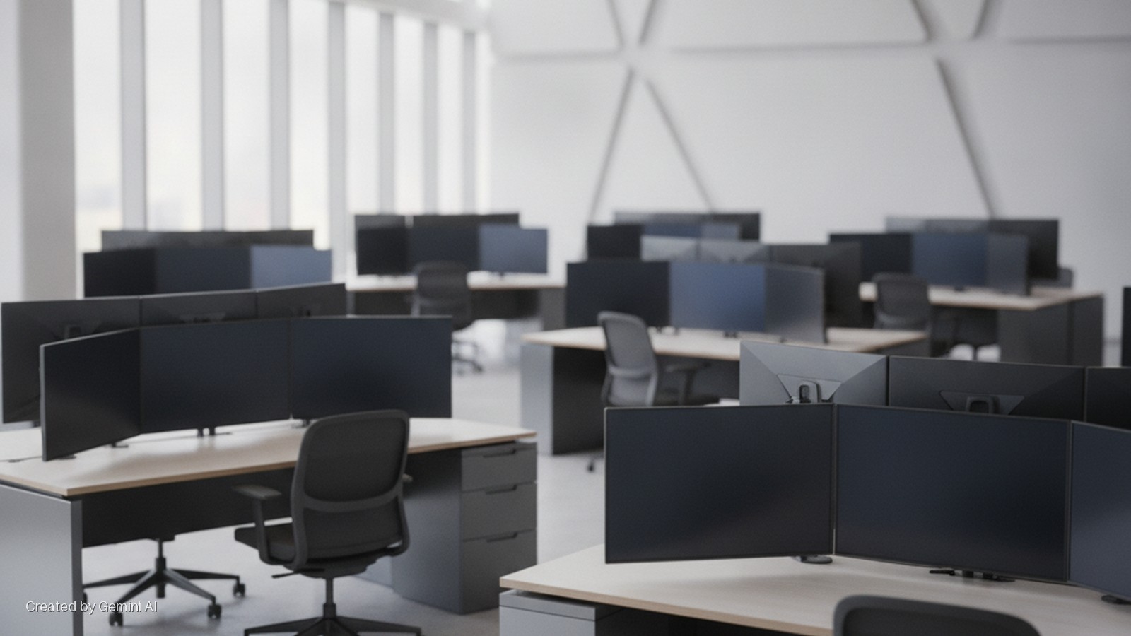 A bright, modern office features rows of empty workstations with light wood desks, ergonomic chairs, and multiple computer monitors, lit by natural light from large windows.
