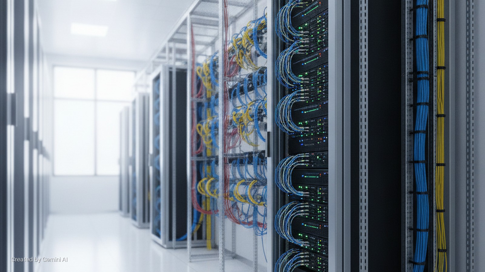 A brightly lit data center corridor features rows of server racks with neatly organized blue, yellow, and red network cables, illuminated green server lights, and a window at the far end.