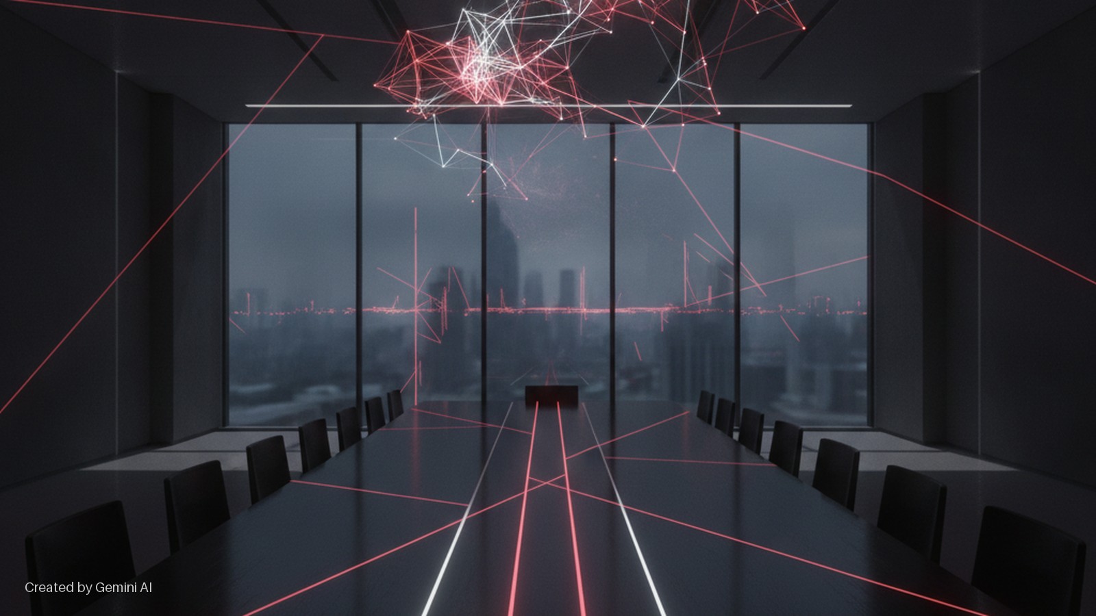 A dark, modern conference room with a long table, chairs, and large windows overlooking a city skyline at dusk, is illuminated by an intricate network of glowing red and white lines that extend across the ceiling, walls, and table.