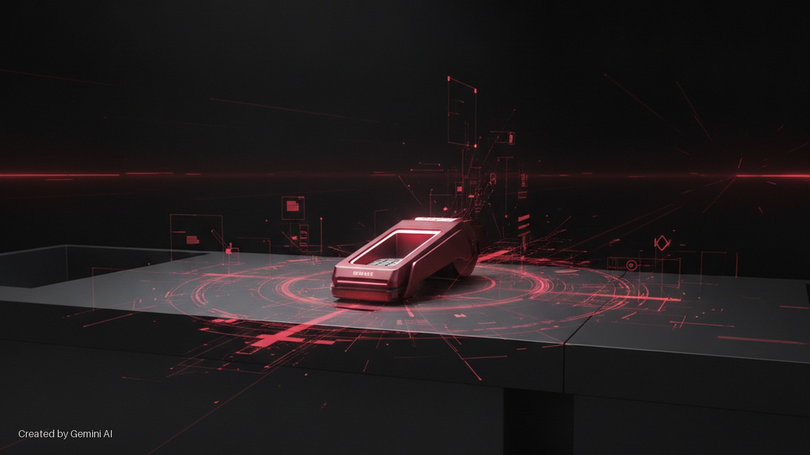 A sleek, red, futuristic payment terminal rests on a dark reflective surface, surrounded by glowing red technological data lines and interfaces in a dimly lit, high-tech environment.