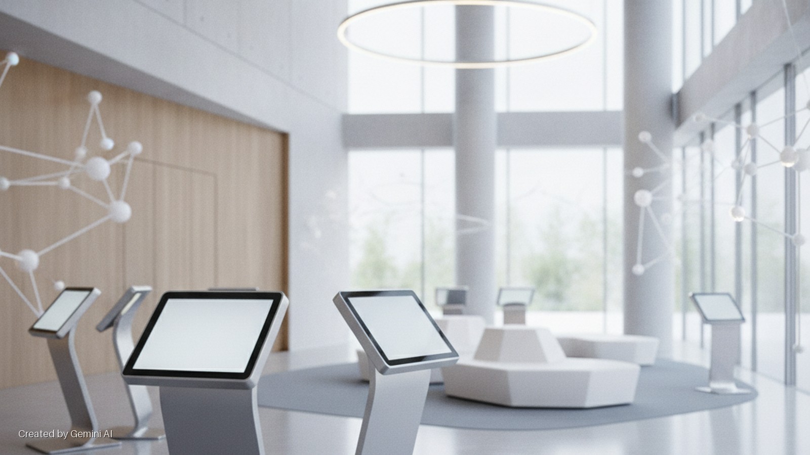 A brightly lit modern lobby features several interactive kiosks, molecular-inspired wall art, modular white seating, a circular overhead light, and large windows.