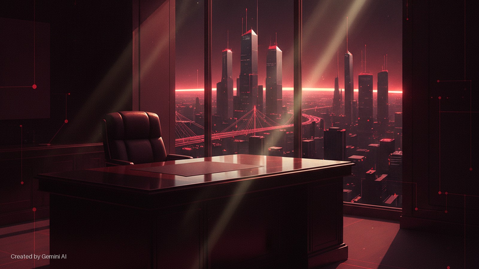 A modern executive office features a dark desk and a leather chair facing a panoramic window overlooking a sprawling city skyline with tall buildings and bridges, illuminated by a red-hued sky and diagonal shafts of light.