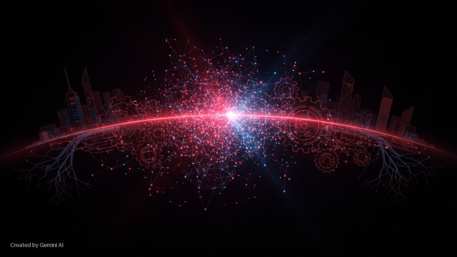 A glowing red and blue network of interconnected dots and lines emanates from a bright central light, framed by an arcing red beam that connects stylized red outlines of city skylines, gears, and root-like structures on a dark background.