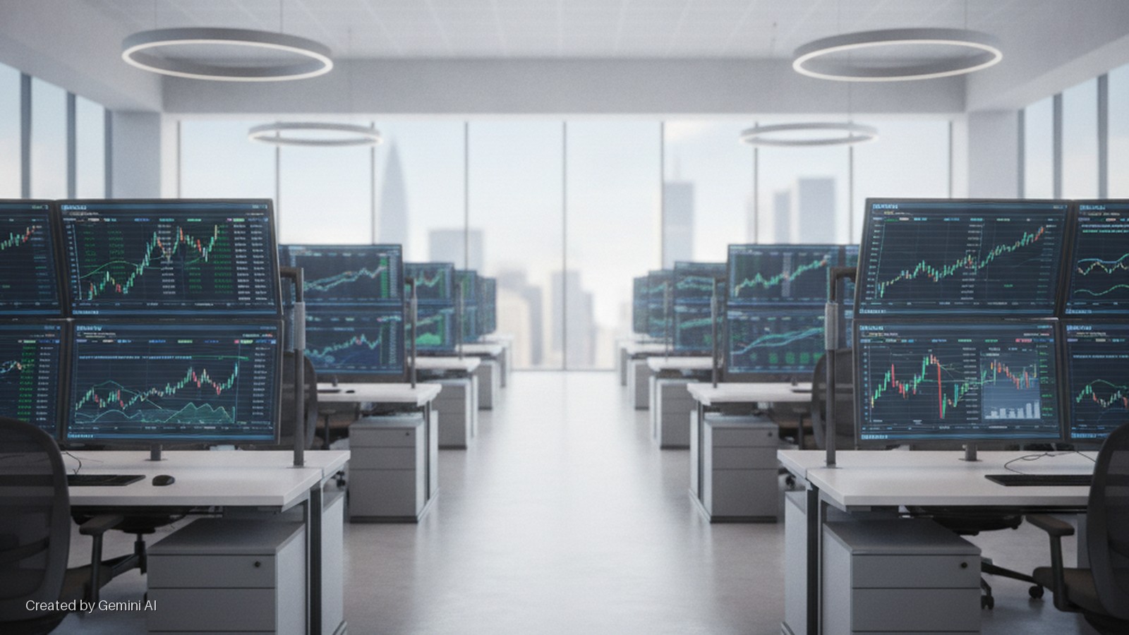 A modern office features two rows of multi-monitor workstations displaying financial charts, with office chairs and filing cabinets, illuminated by large windows revealing a blurred city skyline and overhead circular lights.
