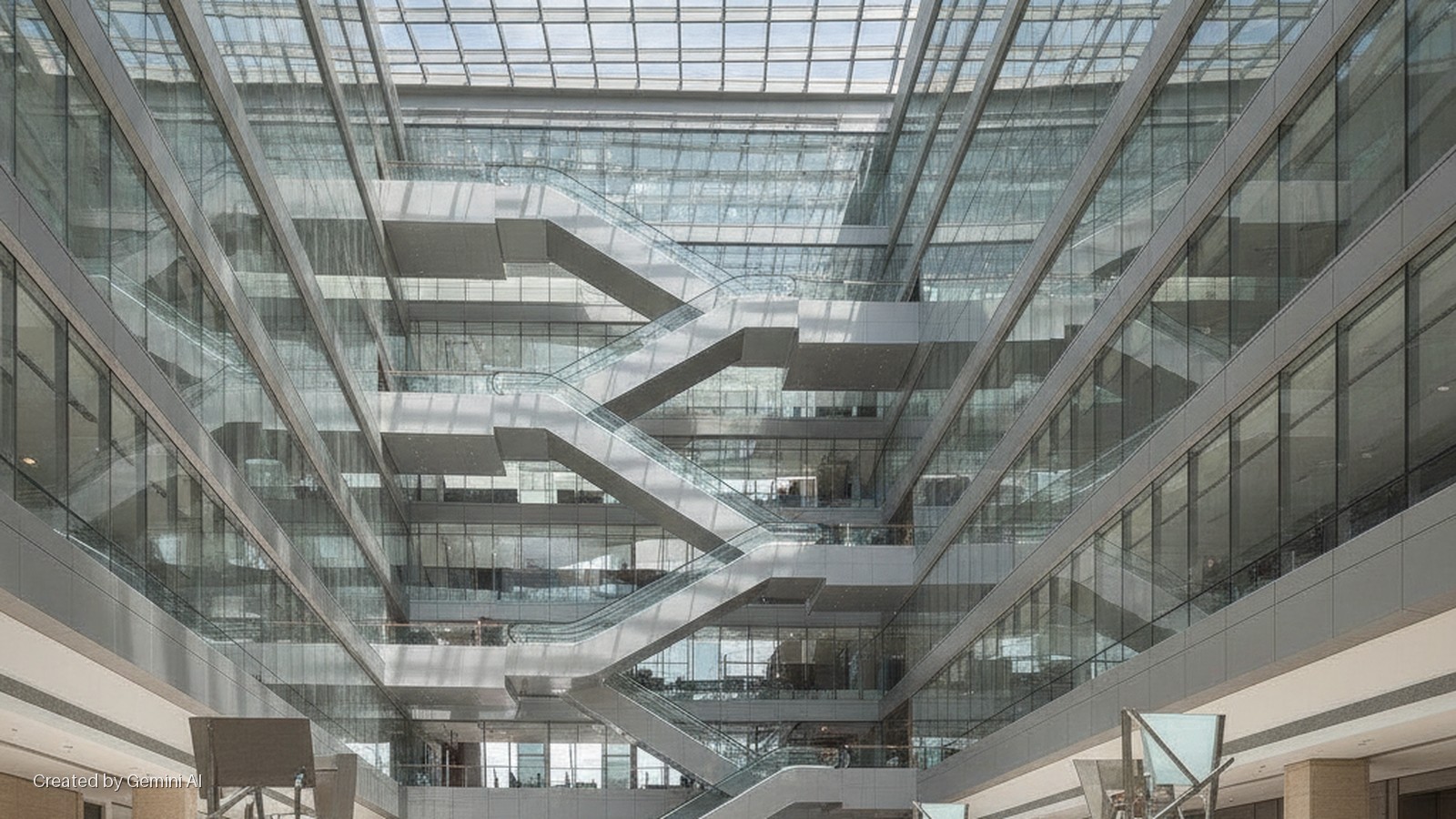 A modern building atrium features multiple escalators connecting several floors, extensive glass walls with metal framing, and is brightly lit by a large skylight.