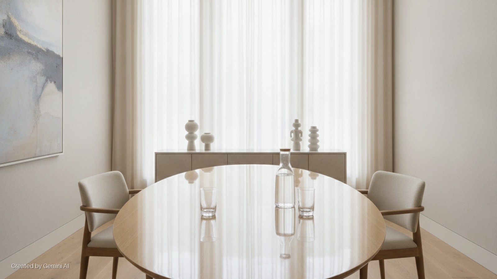 A brightly lit minimalist dining room features a round wooden table with a water bottle and two glasses, two chairs, a sideboard with white sculptural objects, sheer curtains covering a window, and an abstract painting on the left wall.