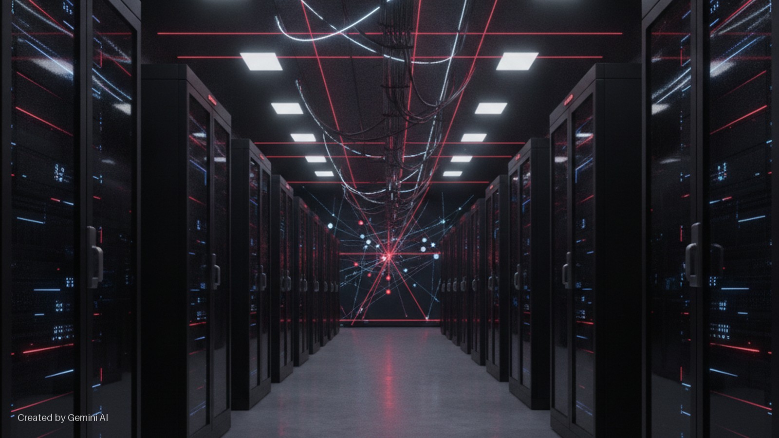 Dark data center aisle flanked by black server racks, with hanging network cables and square overhead lights, illuminated by glowing red and blue lines converging into a central abstract data visualization.