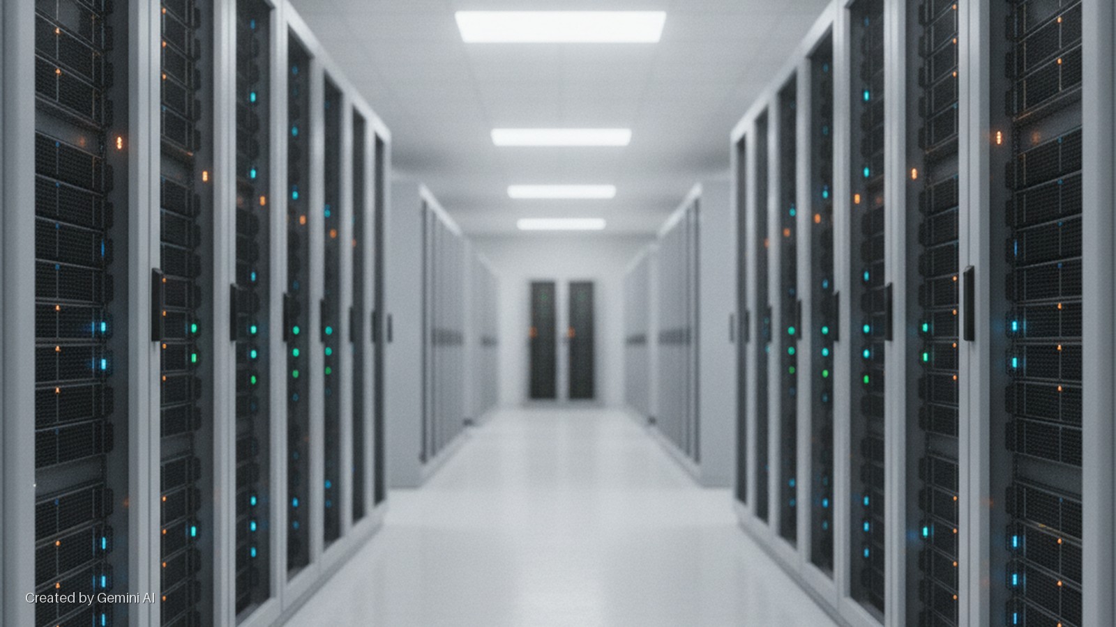 Rows of server racks with blinking blue, green, and orange indicator lights line a brightly illuminated data center hallway, leading to two closed doors in the distance.
