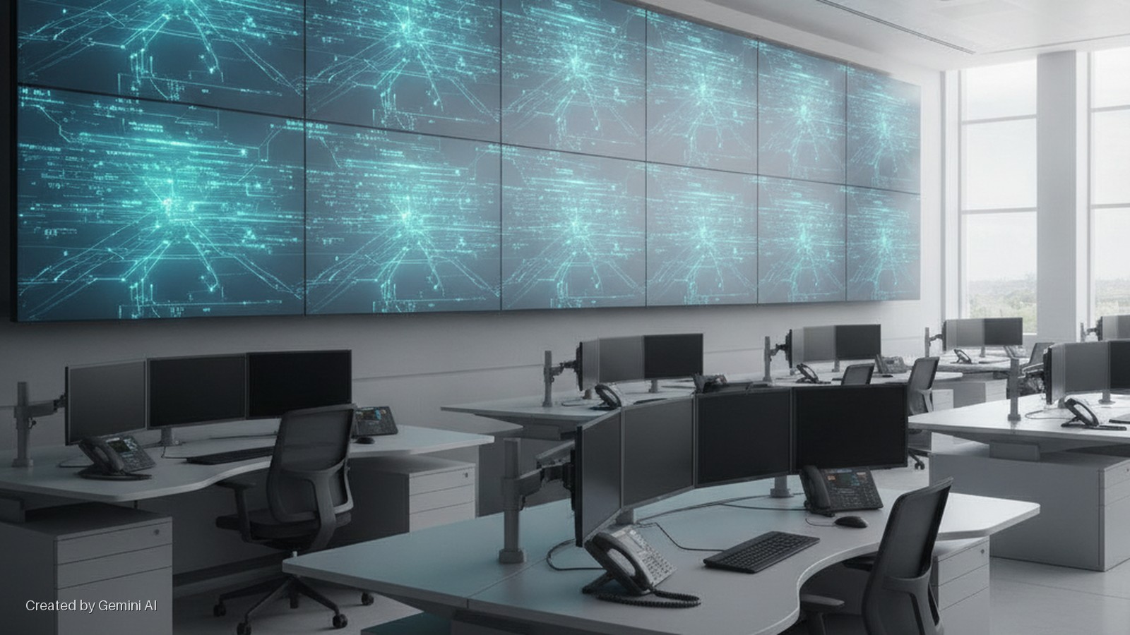 A bright, modern control room features a large, glowing video wall displaying a complex data network, with multiple workstations equipped with several monitors, phones, and keyboards arranged in the foreground under natural light from large