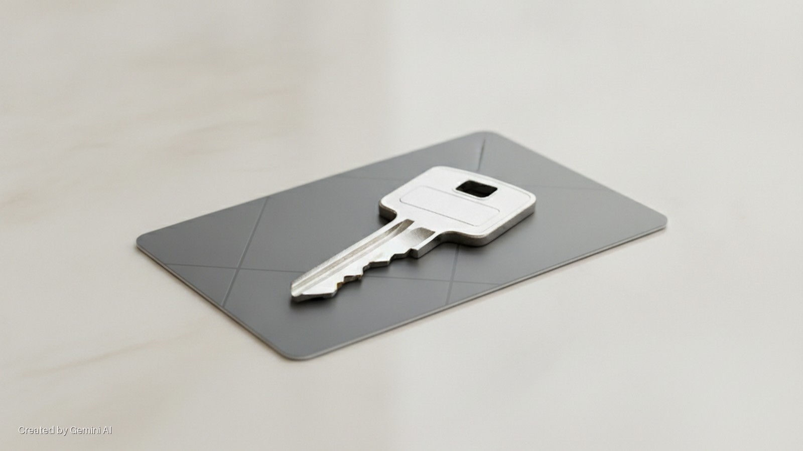 A silver key rests on a grey card on a light-colored surface under bright, diffused lighting.