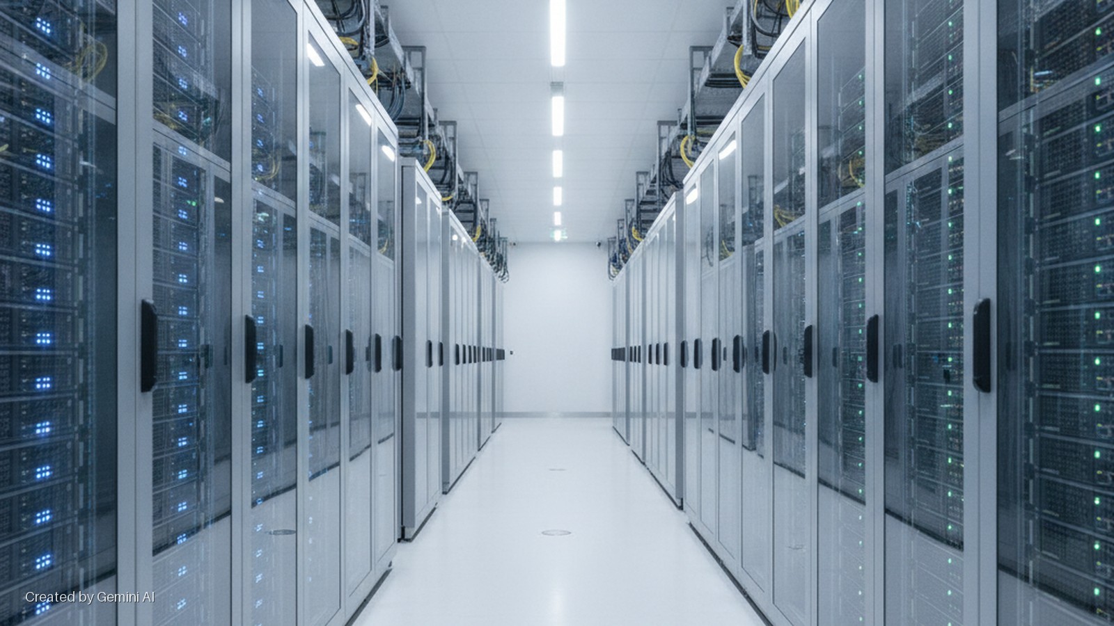 A brightly lit data center aisle with two rows of server cabinets displaying blue and green indicator lights, and yellow data cables on overhead trays.