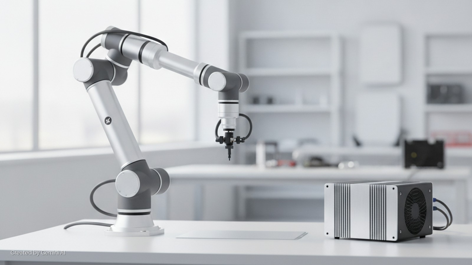 A bright, modern laboratory features a silver and grey robotic arm positioned over a flat white rectangle on a white table, next to a silver and black control unit with a fan, with white shelves and a window blurred in the background.