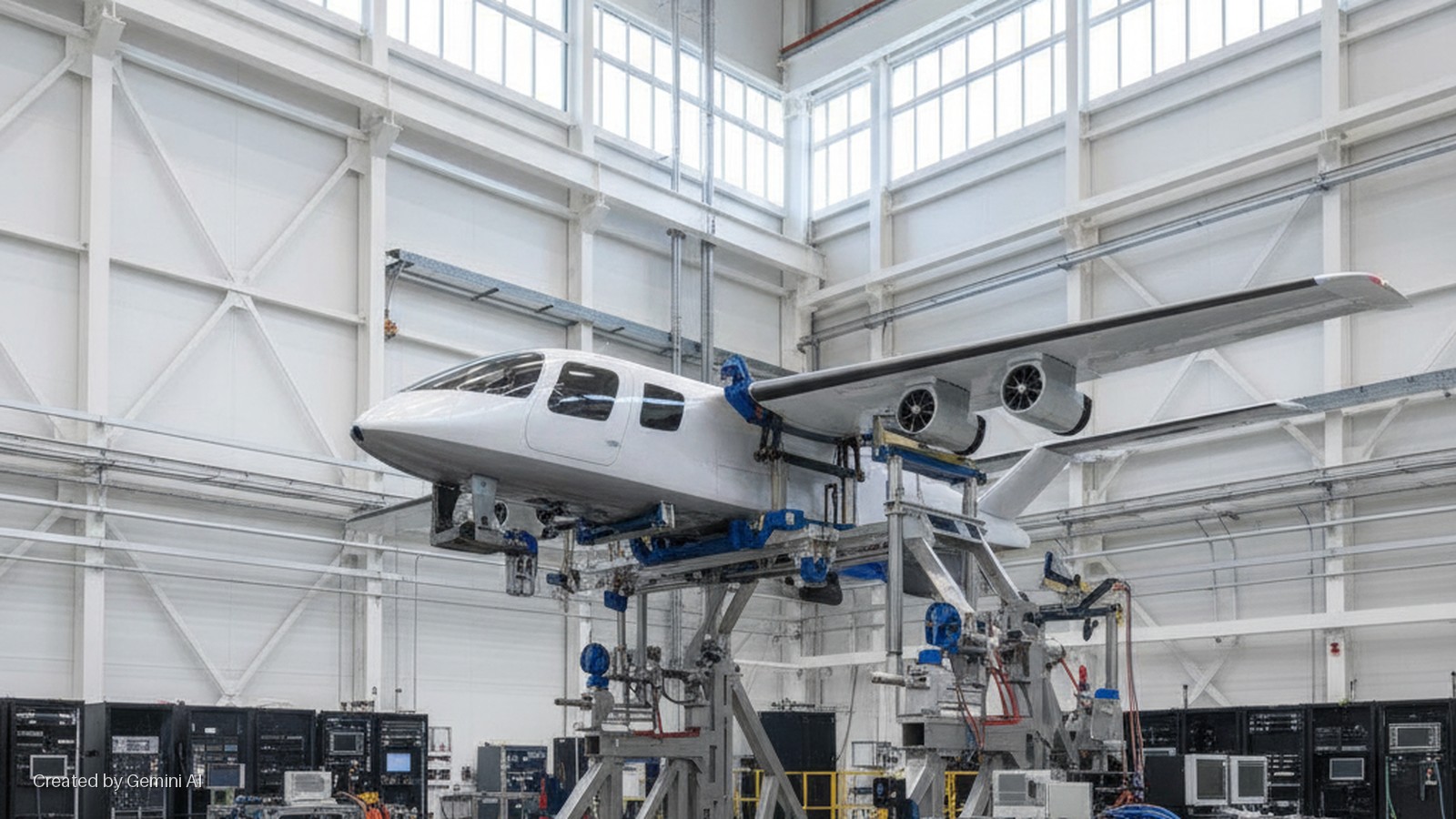 White prototype aircraft with two ducted fan engines suspended on a blue and silver testing rig inside a brightly lit industrial hangar, featuring large windows and surrounding racks of electronic equipment.