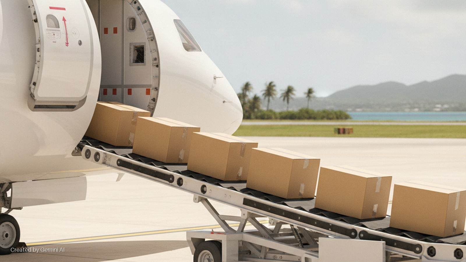 Brown boxes are loaded onto a conveyor belt into the open cargo bay of a white airplane on an airport tarmac under bright daylight, with tropical palm trees and distant mountains visible over water in the background.
