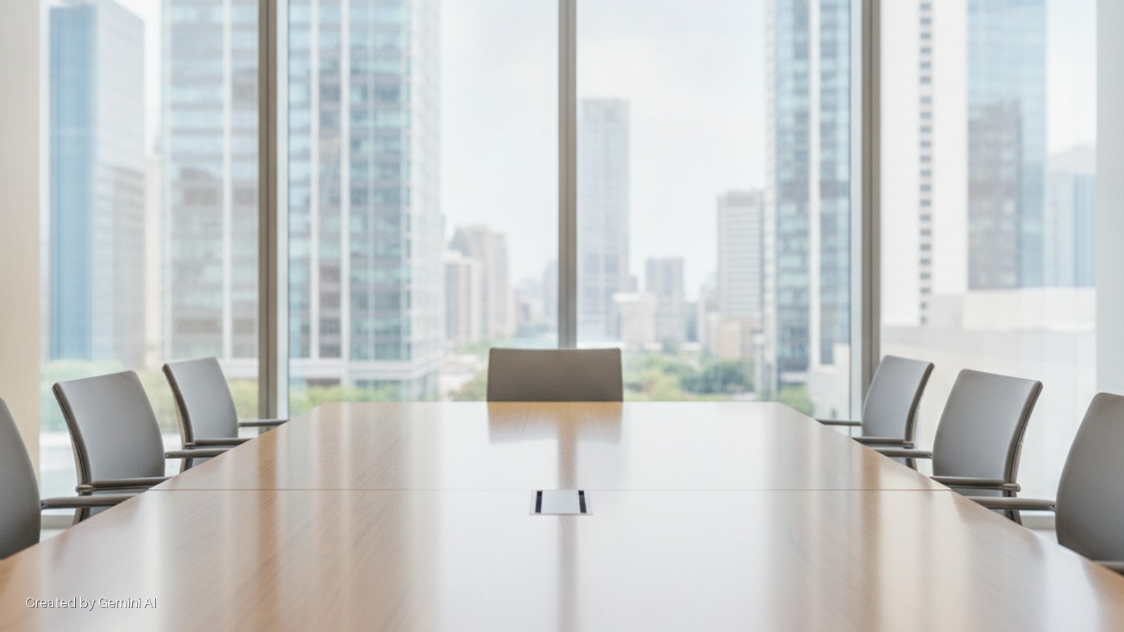 Brightly lit modern conference room with a long wooden table and grey chairs, offering a view of a city skyline through large windows.