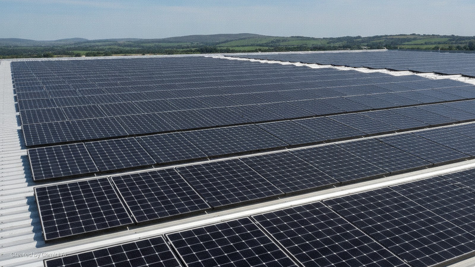 Large rows of dark solar panels cover a wide metallic roof, with rolling green hills in the distance under a bright blue sky.