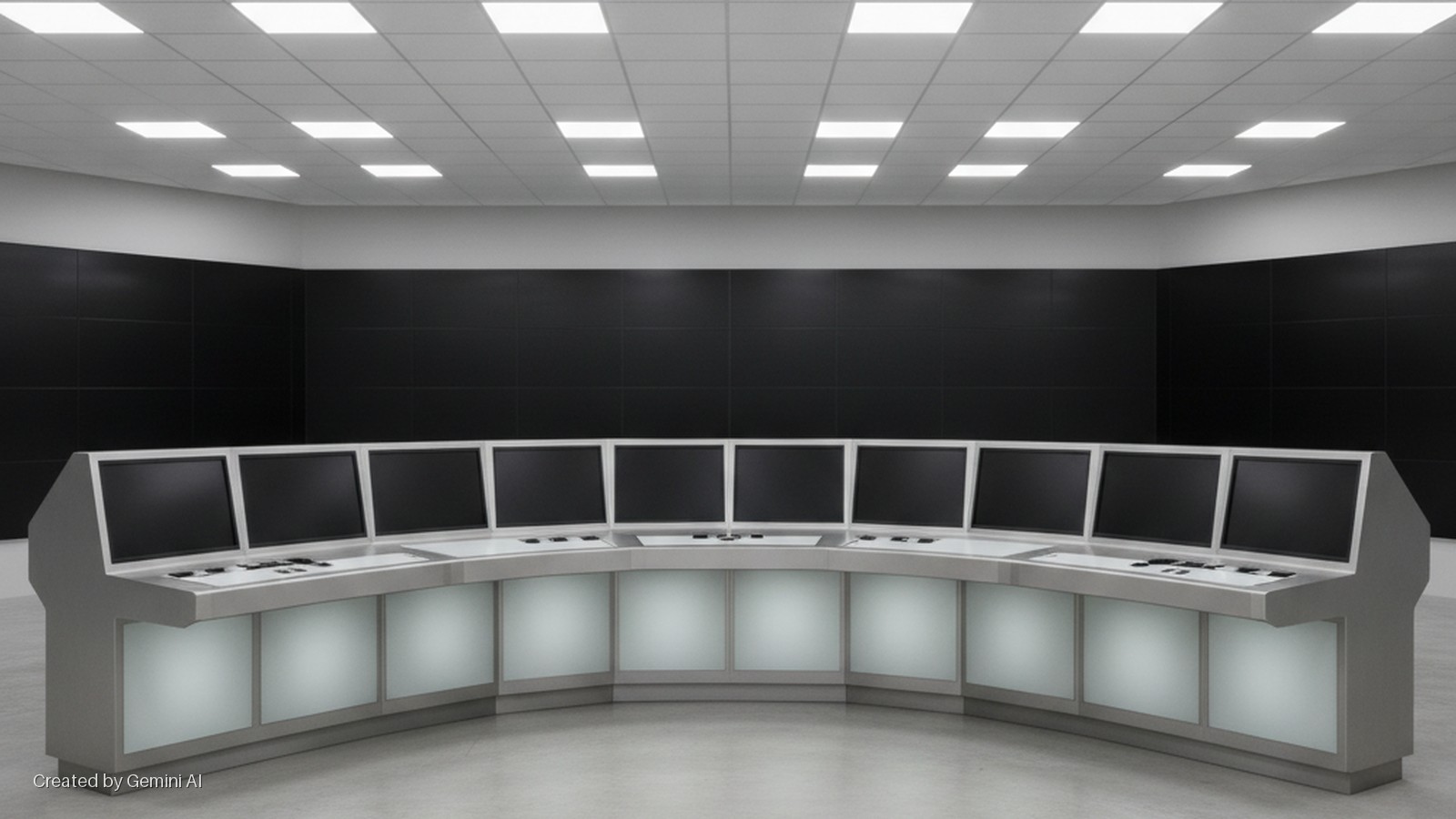 A modern control room features a curved workstation with eleven blank monitors, a dark paneled wall, and a grid ceiling with bright square lights.