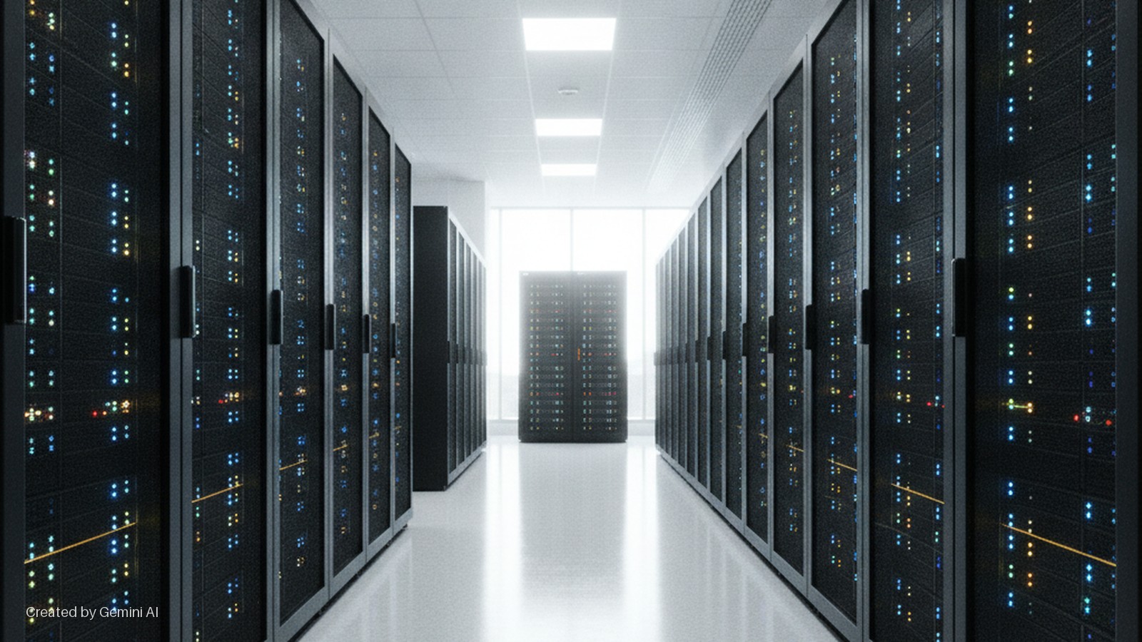 A brightly lit data center aisle features rows of black server racks with colorful glowing indicator lights, converging towards a single server rack at the far end.