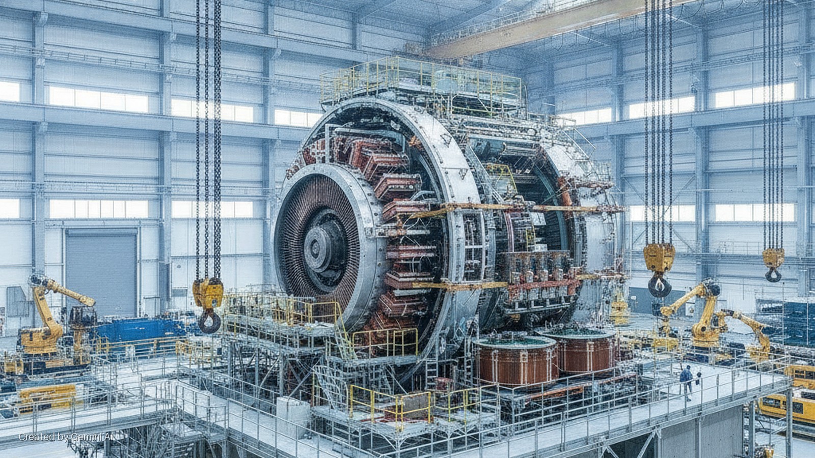 A brightly lit, spacious industrial facility features a massive, partially assembled generator surrounded by scaffolding, multiple overhead cranes, yellow robotic equipment, and two workers on an elevated platform.