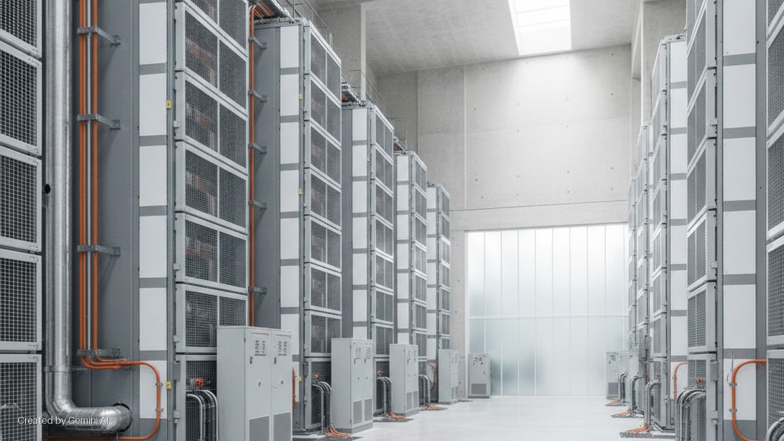 Rows of modular industrial equipment with exposed orange and silver piping and control units extend down a brightly lit concrete facility featuring a frosted glass end wall and overhead skylights.