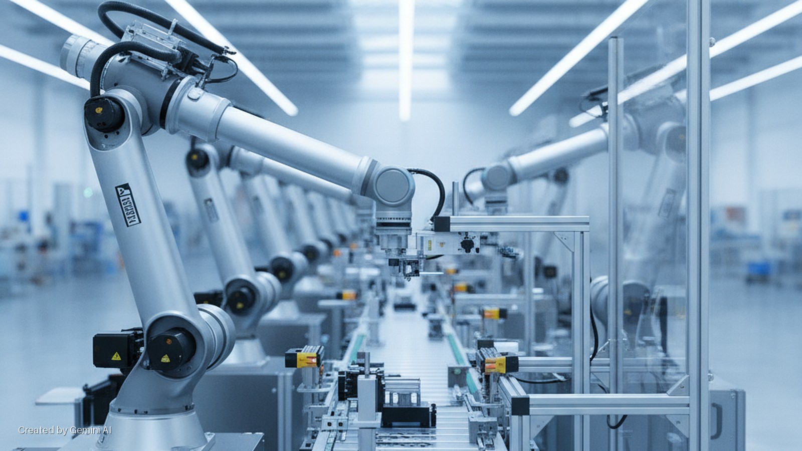 A series of grey robotic arms operate over a conveyor belt production line in a brightly lit, modern factory facility.