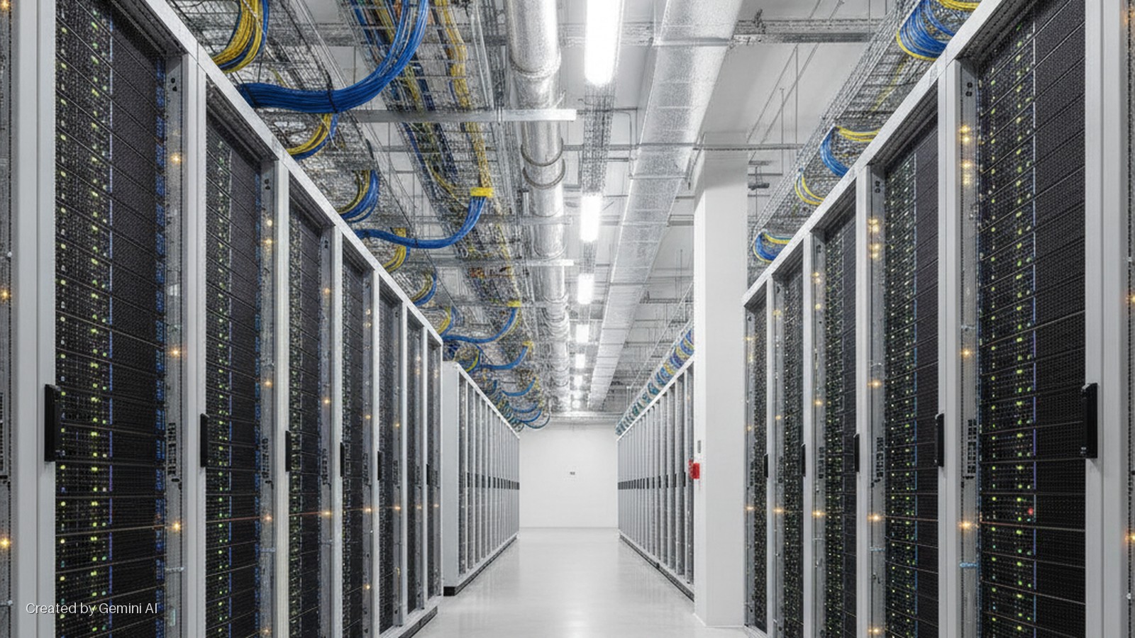 A brightly lit, long aisle in a data center is lined with rows of server racks displaying numerous small green and yellow indicator lights, under a ceiling filled with exposed blue and yellow cables, metal ducts, and fluorescent lighting.