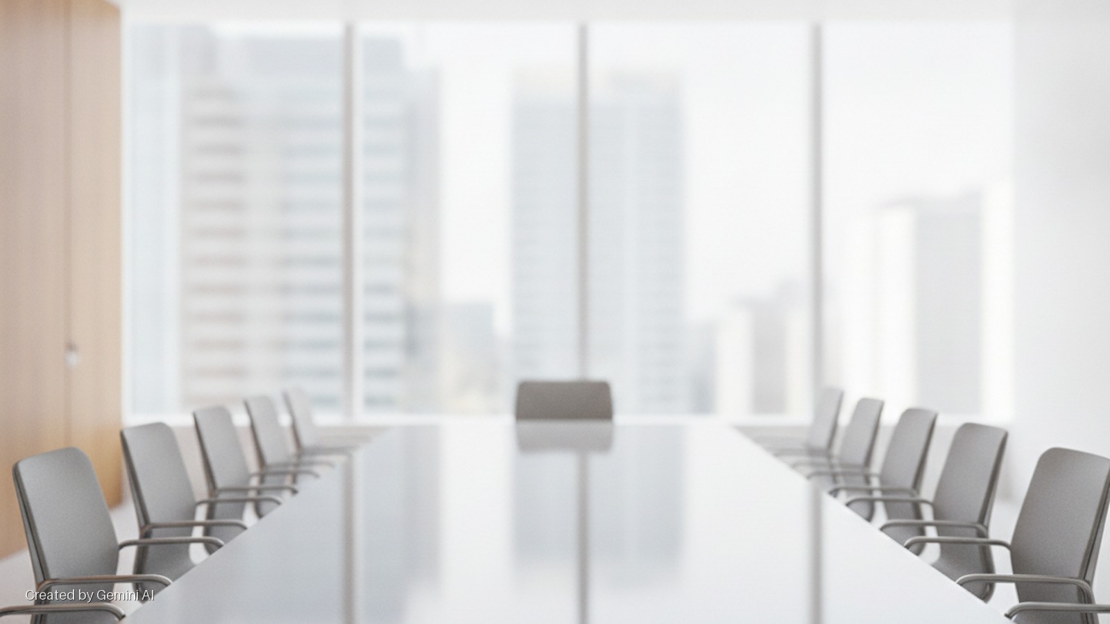 A brightly lit conference room features a long, reflective table lined with grey office chairs, with a view of blurred city buildings through large windows.