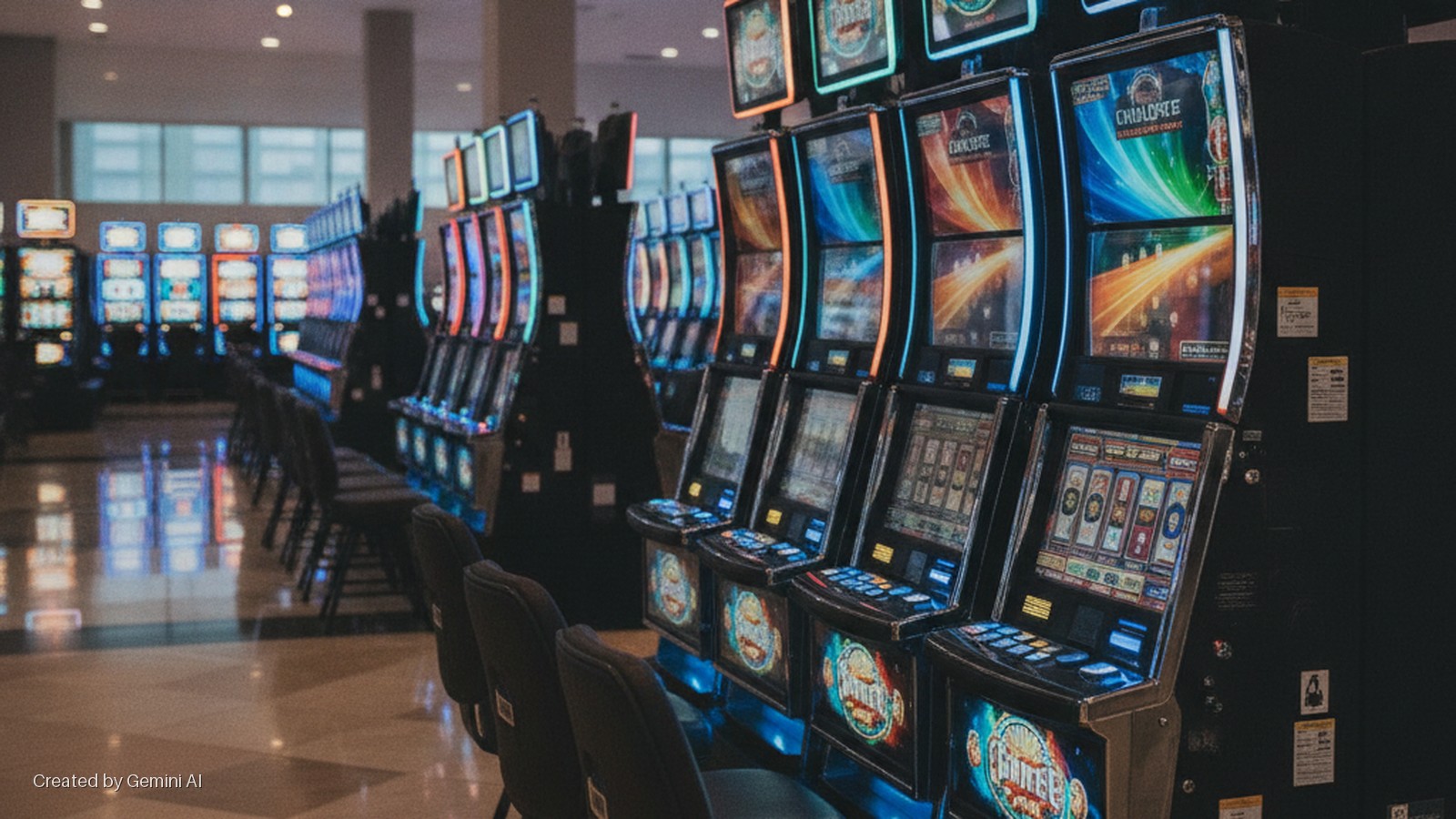 Rows of slot machines with glowing screens and empty chairs fill a dimly lit casino floor.