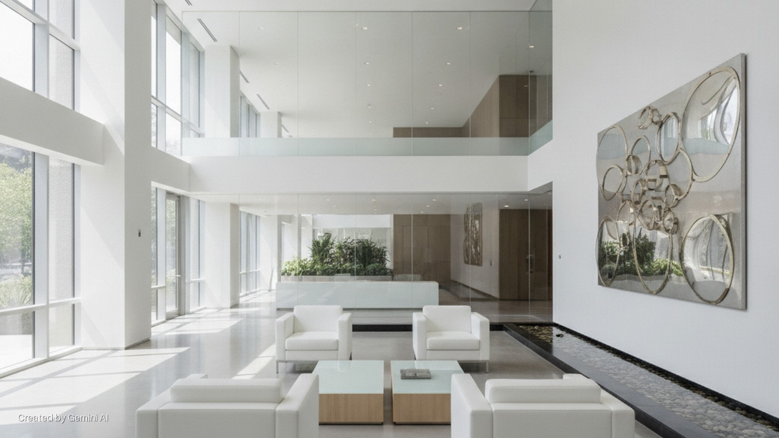 A bright, modern multi-level lobby features white modular seating, glass coffee tables, a reflective circular wall sculpture, and a long indoor water feature, all illuminated by natural light from large windows.