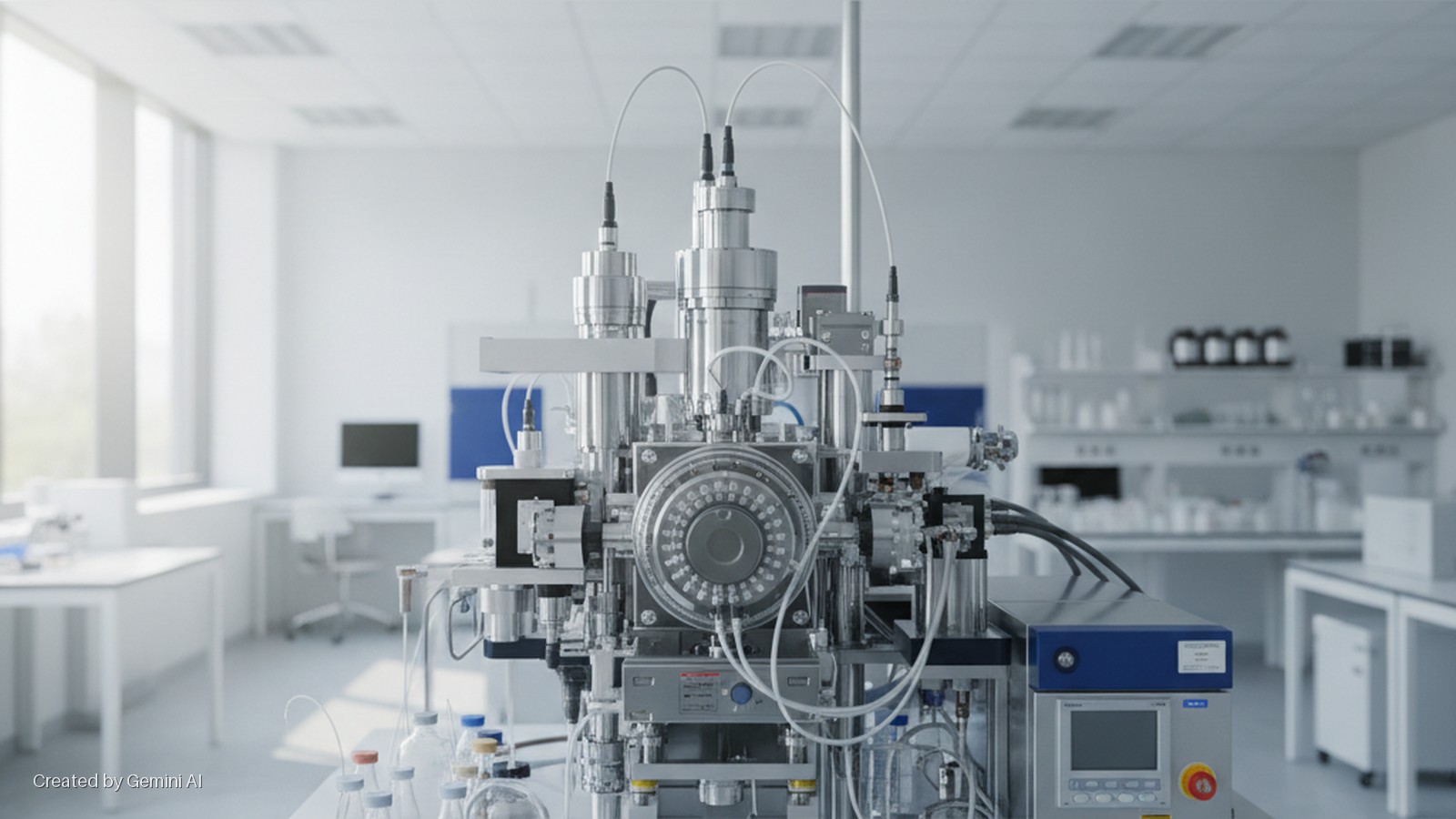 A complex, shiny metallic laboratory machine with numerous components, tubes, vials, and a control panel stands in a brightly lit, modern laboratory featuring large windows and white lab tables.