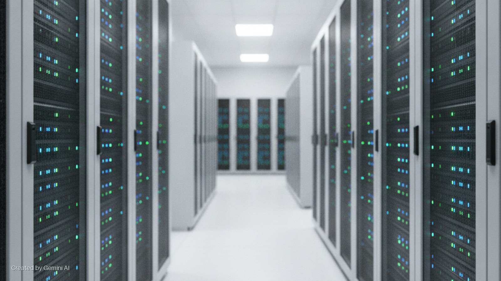 A bright data center corridor features rows of server racks lining both sides, illuminated by overhead panel lights and numerous blinking green and blue status lights on the servers.