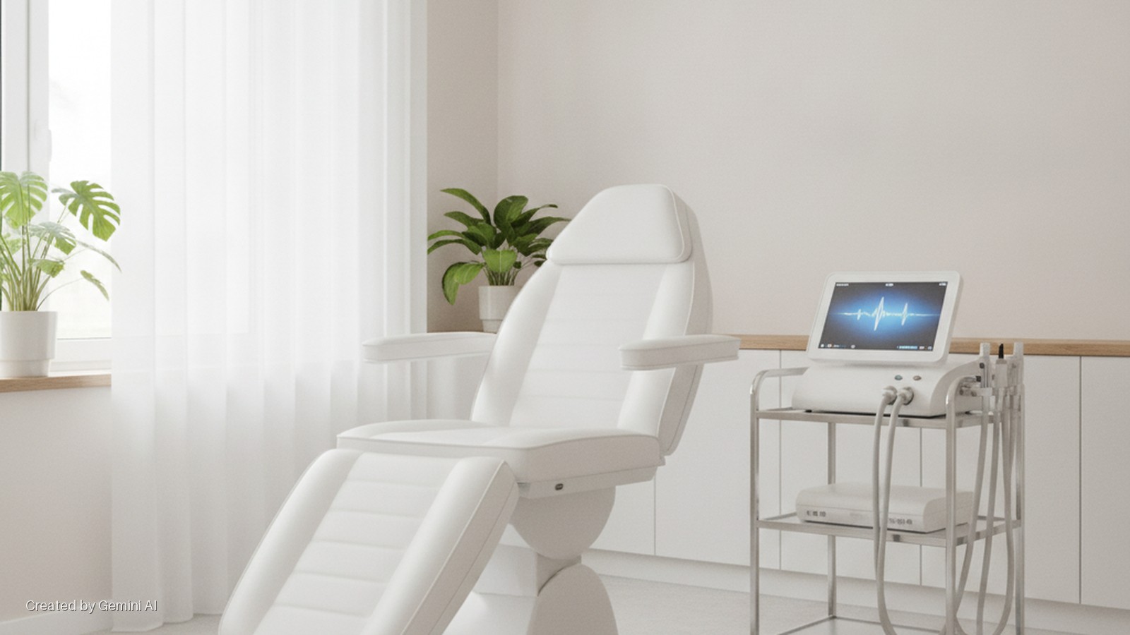 A bright, modern medical or aesthetic treatment room features a white adjustable chair, sheer white curtains on a window with a potted plant, and a medical device on a metal cart displaying a blue waveform on its screen.