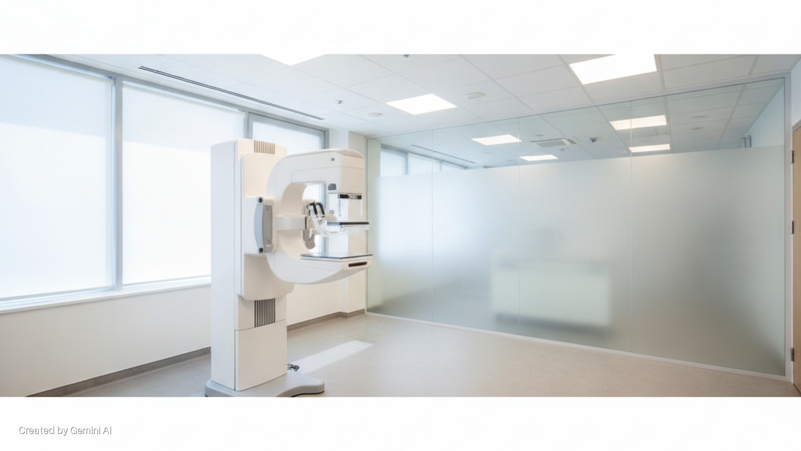 A bright medical examination room features a modern mammography machine, large windows with white roller blinds, and a frosted glass partition wall with a door.