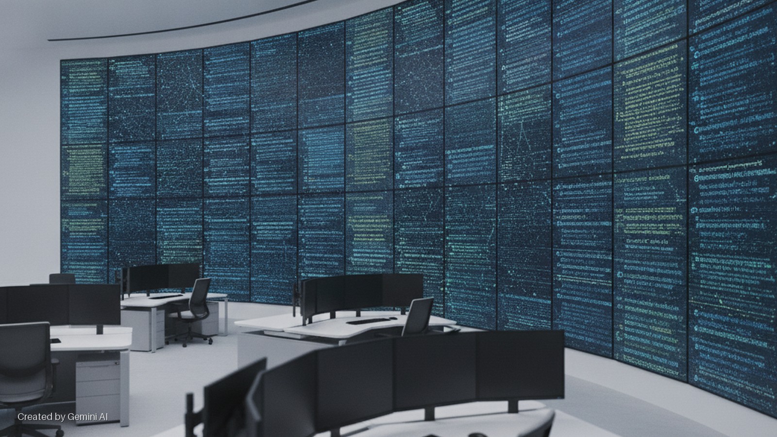 A brightly lit, modern control room features a curved video wall displaying lines of code and data patterns, with several office desks equipped with multiple computer monitors and chairs in the foreground.