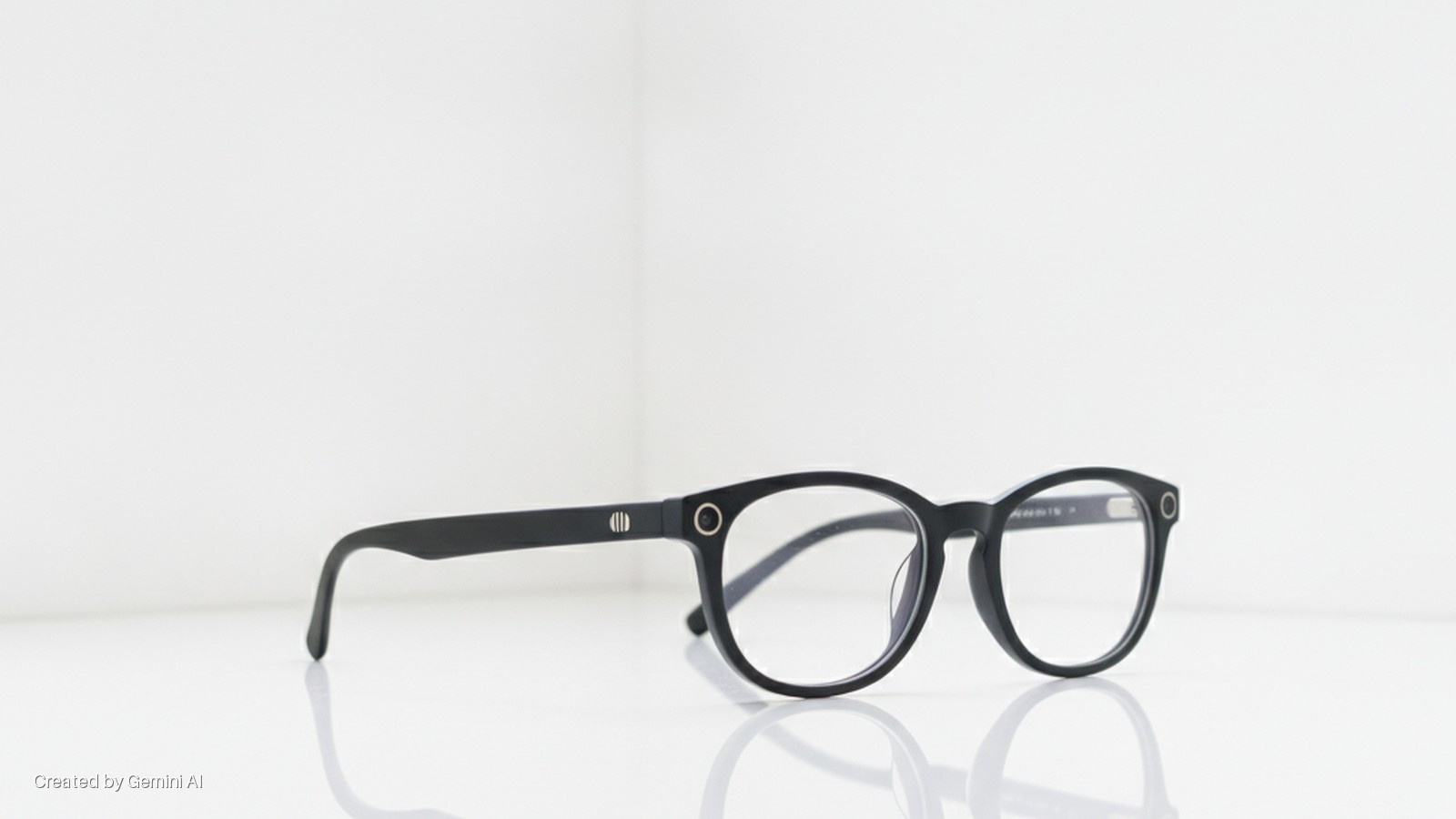 Black round-frame eyeglasses with clear lenses rest on a reflective white surface against a bright white background.