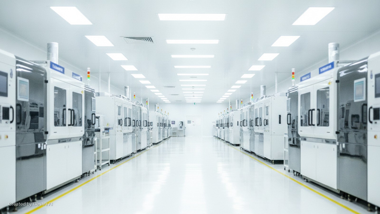 A brightly lit, sterile cleanroom features two long, parallel lines of automated manufacturing machines with screens and indicator lights on a reflective white floor.