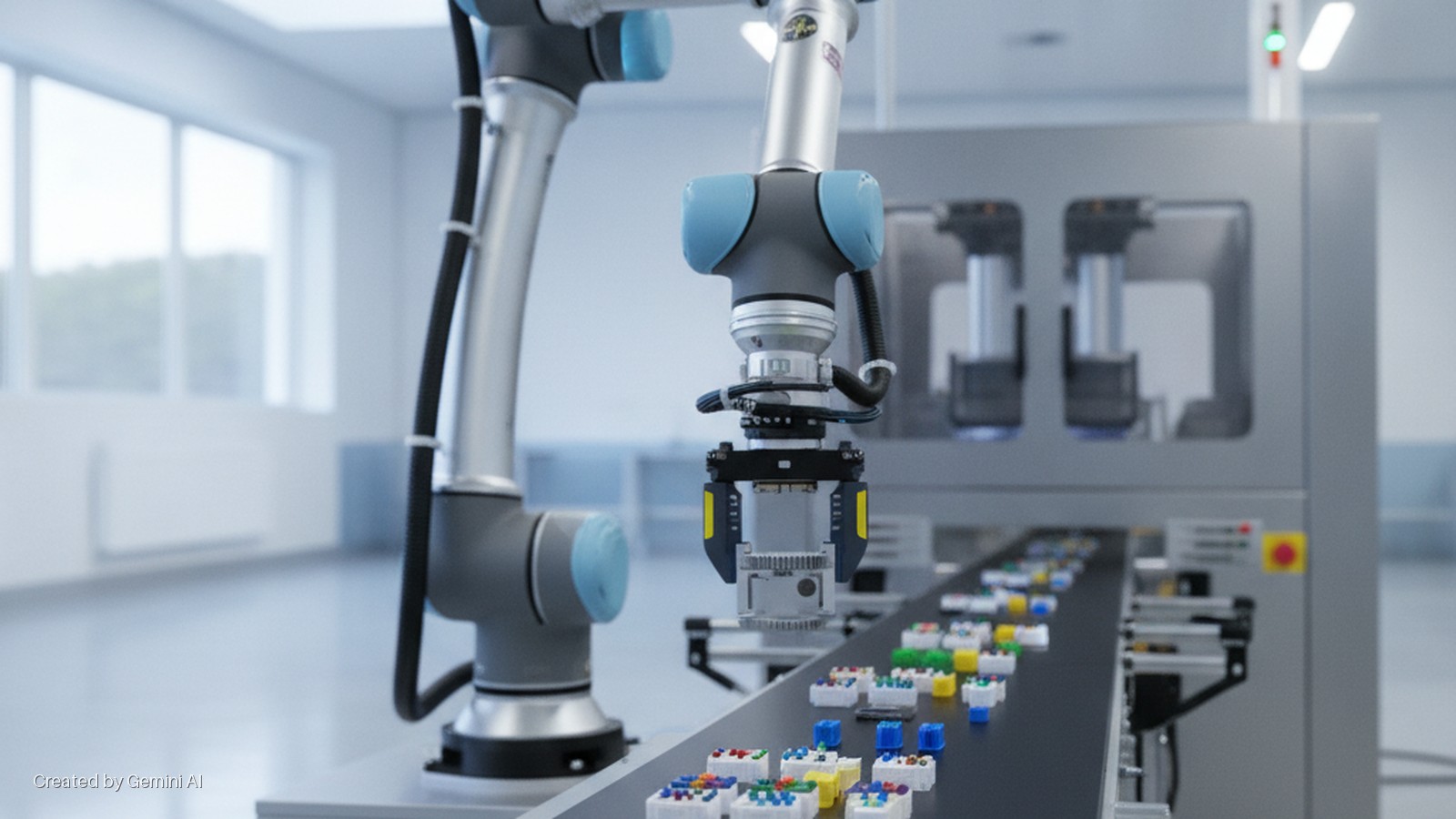 A collaborative robotic arm with a gripper manipulates small colorful objects on a conveyor belt in a brightly lit industrial room with large windows and machinery.