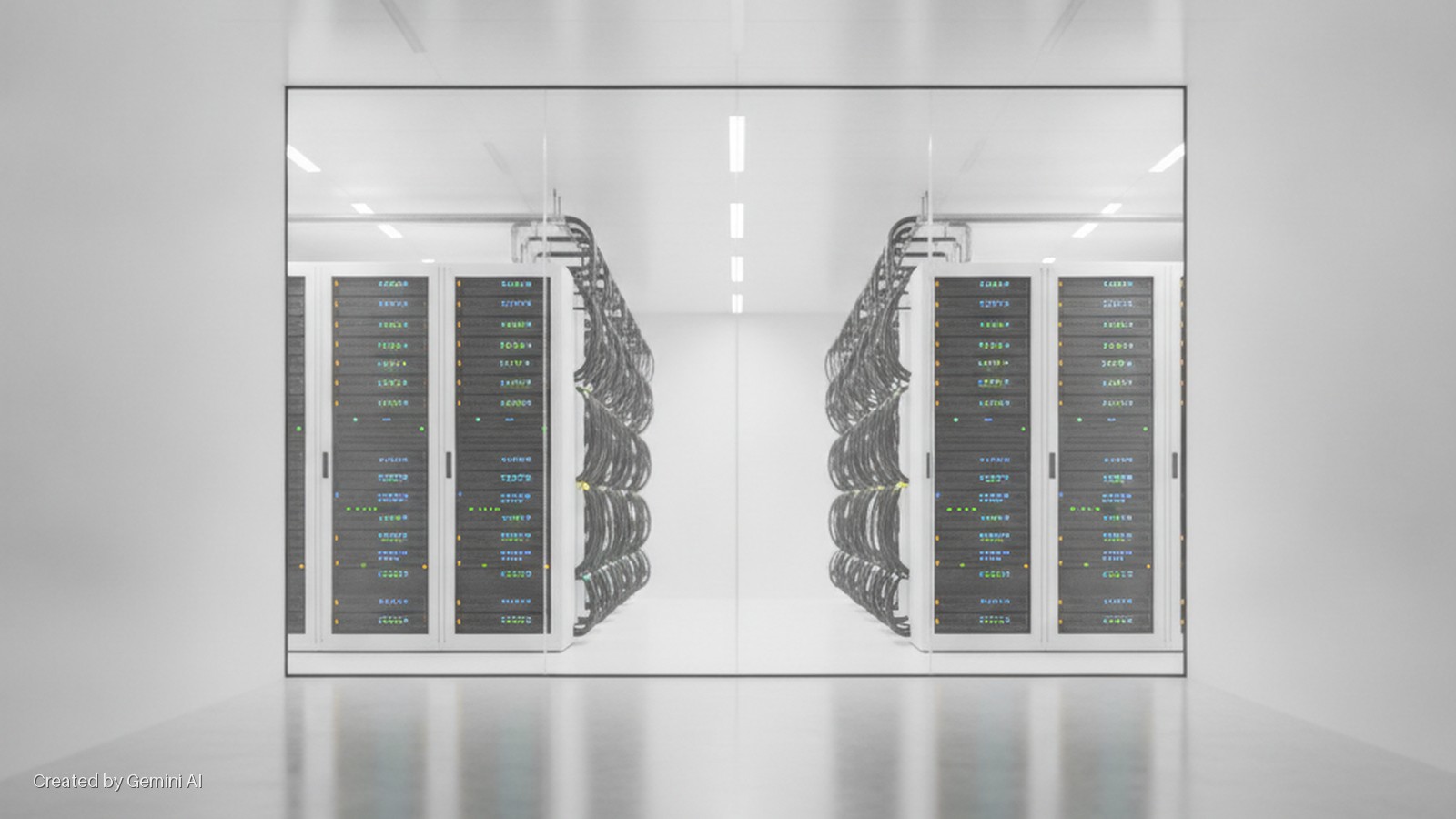 Symmetrical view of a modern data center with two rows of server racks, overhead cables, bright white lighting, and a reflective floor.