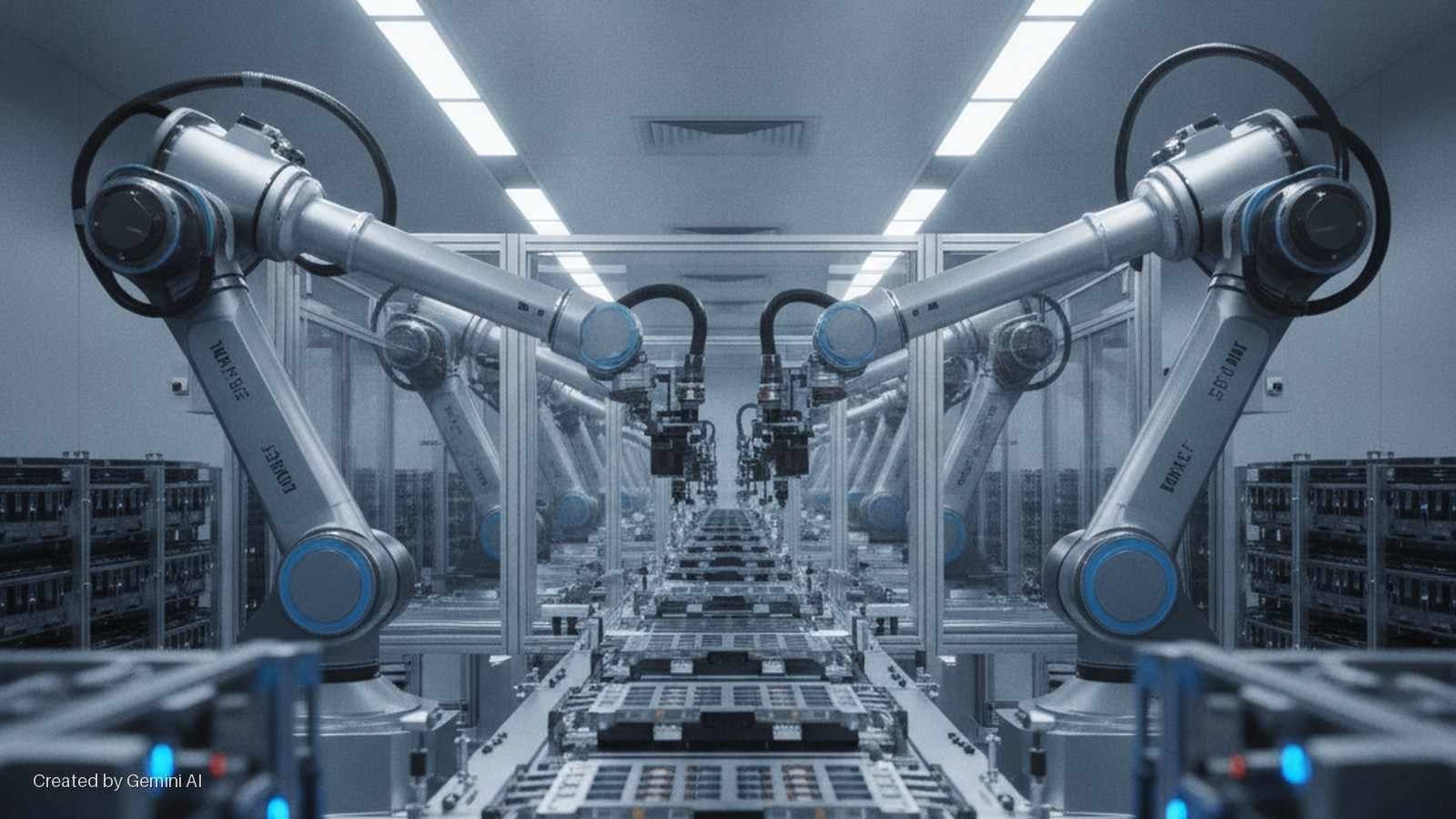 A factory assembly line with multiple grey and blue robotic arms working on electronic components on conveyor belts under bright overhead lighting.