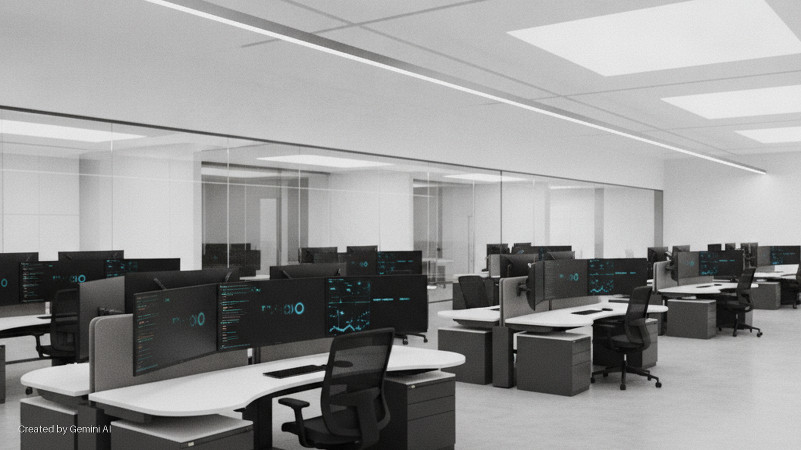 A bright, modern open-plan office features rows of workstations with multiple computer monitors displaying data, ergonomic chairs, and grey filing cabinets, separated by glass partitions and illuminated by overhead linear and recessed ceili